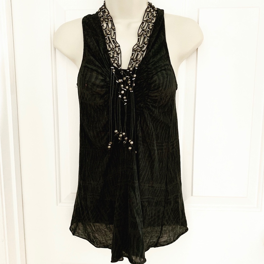 Black Beaded V Neck Tank Top